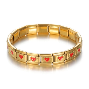 Bracelet italien à breloques dorées en acier inoxydable avec cœurs rouges et flèches de Cupidon