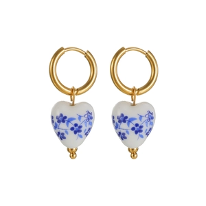 Blue and white porcelain heart-shaped stainless steel earrings with gold plated hoops