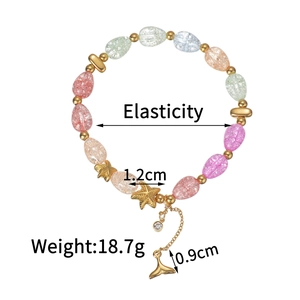Detail of colorful crackle bead bracelet with starfish and fishtail charms and dimensions