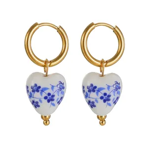 Stainless Steel Heart Round Ceramic Floral Hoop Earrings For Women Blue White Porcelain Style Vintage Jewelry Gift