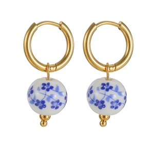 Classic blue and white porcelain ceramic bead hoop earrings with golden metal hooks