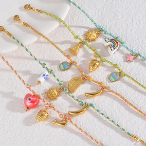 Colorful woven rope bracelet set with fruit strawberry and banana gold pendants