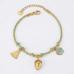 Stainless Steel Fruit Pendant Braided Rope Bracelet Bohemian Summer Jewelry For Women Multicolor Strawberry Sun Charm Accessory
