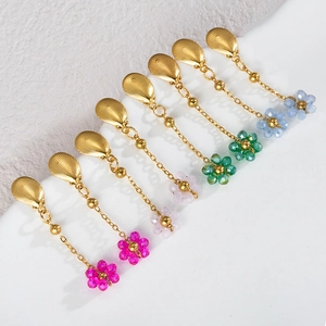 Elegant gold chain drop earrings with colorful crystal beaded flowers in four vivid colors