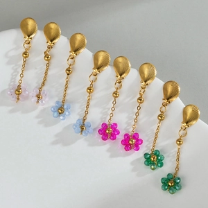 Long beaded flower earrings set with gold shell studs and colorful crystal floral pendants