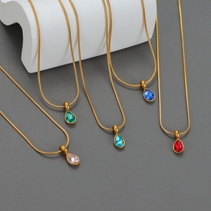 Minimalist gold stainless steel snake chain necklace with teardrop zircon pendants in 5 colors
