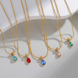 Gold snake chain necklace with teardrop zircon pendants in five vibrant colors