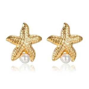 Retro Sea Star Artificial Pearl Stud Earrings For Women Gold Plated Stainless Steel Textured Starfish Ear Jewelry For Beach Vacation