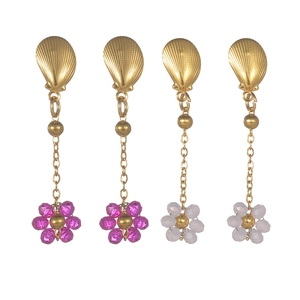 Luxurious long bead flower earrings with gold shell studs and colorful petal pendants