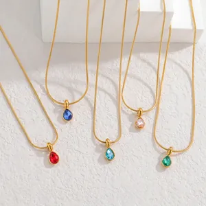 Minimalist Stainless Steel Teardrop Pendant Necklace For Women Gold Plated Snake Chain Waterdrop Rhinestone Clavicle Chain Jewelry