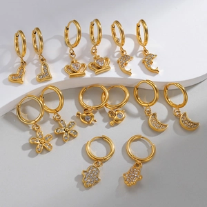 Luxurious 18K gold plated hoop earrings with diverse crown heart and floral charms set