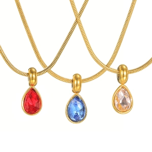 Teardrop crystal pendant necklace in red blue and champagne on gold snake chain
