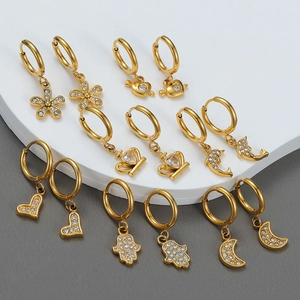 18K gold plated stainless steel hoop earrings with crystal crown and heart charms