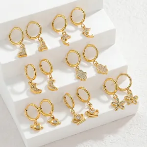 Stainless Steel Hoop Earrings 18K Gold Plated Zirconia Heart Crown Moon Dolphin Hamsa Pendant Earrings Jewelry For Women