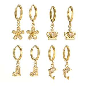 Set of four 18K gold-plated drop earrings with crown, heart, flower, and dolphin charms