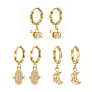 18K gold plated stainless steel earring set with zircon heart, Hamsa hand and moon charms