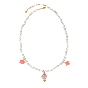 Collier de perles de style français avec pendentifs en céramique rose de coquillages