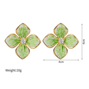 Boucles d'oreilles fleurs en émail vert et blanc avec centre en diamant, taille 4 cm
