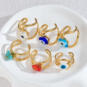 Set of 6 gold-toned Evil Eye open rings with colorful enamel and turquoise stones