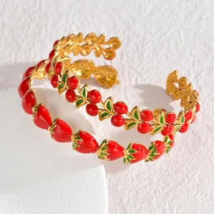 Bracelet Jonc Ouvert en Acier Inoxydable Émail Fruit Fraise Cerise Ajustable Doux Bijoux Bracelet Pour Femme Cadeau Quotidien