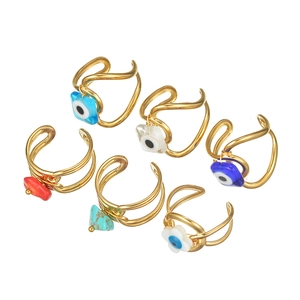 6-piece gold evil eye ring set with colorful stones and adjustable double-line bands