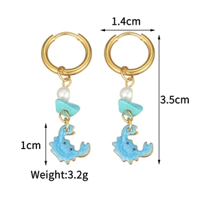 Detailed view showing ocean theme earrings with pearl, turquoise stone and crab charm