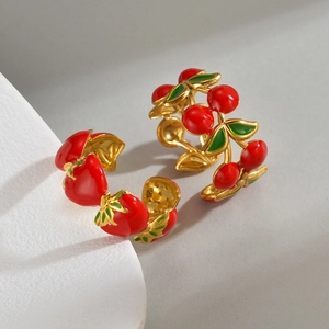 Adjustable gold rings set featuring red strawberry and cherry enamel fruits