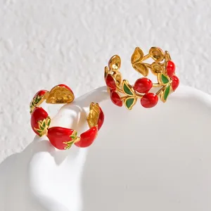 Adjustable strawberry and berry vine rings with red enamel and gold plating
