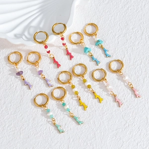 Detailed set of colorful coral drop earrings with pearls and golden hoops in various shades
