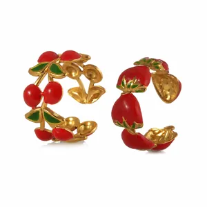 Cute Fruit Stainless Steel Open Ring Adjustable Enamel Strawberry Cherry Finger Ring For Women Sweet Pastoral Jewelry