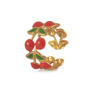 Adjustable gold plated ring featuring vibrant red cherry and green leaf enamel charms