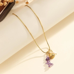 Golden shell necklace with white pearl and purple natural stone on snake chain