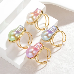 18k gold plated stainless steel open rings with four colorful baroque pearls