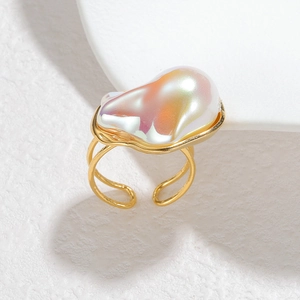 18k gold plated stainless steel open ring featuring a baroque pearl with double-band design