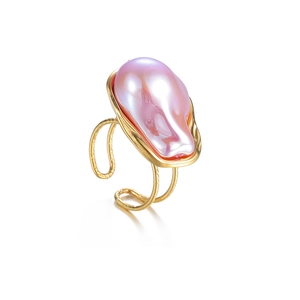 18k gold plated stainless steel baroque pearl open ring with hammered texture