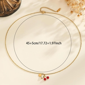 Gold stainless steel necklace with red cherry pendant and 45cm adjustable chain