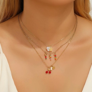Three-layer stainless steel necklace with colorful beads, cherry charms and gold star