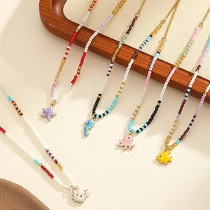 Bohemian colorful beaded necklace with starfish and seahorse ocean charms for women