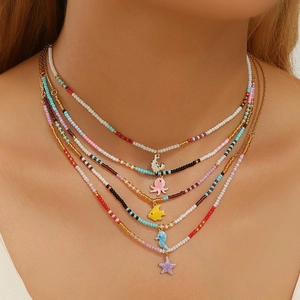 Bohemian multi-layer colorful beaded necklace with starfish and seahorse pendants