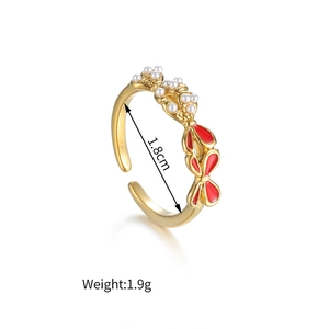 Gold stainless steel open ring with pearls and red heart enamel, 1.8cm diameter