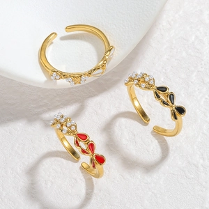 Women Fashion Stainless Steel Bow Ring Adjustable Enamel Heart Artificial Pearl Inlaid Open Ring Jewelry For Party Daily Commuting Gift