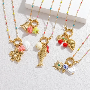 Colorful bohemian charm necklace set with enamel beads and summer seashell pendants