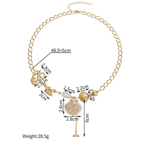 Detailed size map of gold shell necklace showing pendant dimensions and 48.5cm length