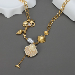Golden ocean shell necklace with starfish pearl pendants and fish tail charm