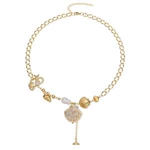 Gold stainless steel ocean necklace with shell, starfish and pearl charms