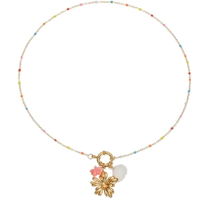 Gold beaded necklace featuring sea shells and starfish charms in Korean seaside style