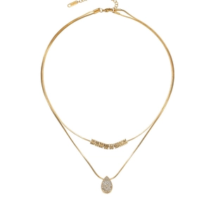 Collana a doppio strato in acciaio inossidabile dorato con pendente a goccia di strass