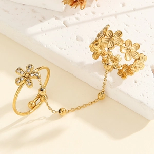 Vintage golden stainless steel double ring with floral design and chain link