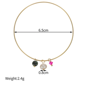 Gold titanium steel bangle with pearl, green turquoise, and pink crystal pendants