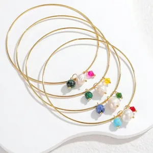 Minimalist gold titanium steel bangles with pearl, turquoise, and crystal charms set